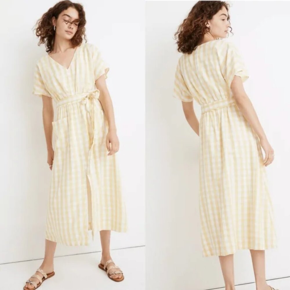 Madewell yellow sunny gingham dress high front slit‎ 0 XS vacation cute